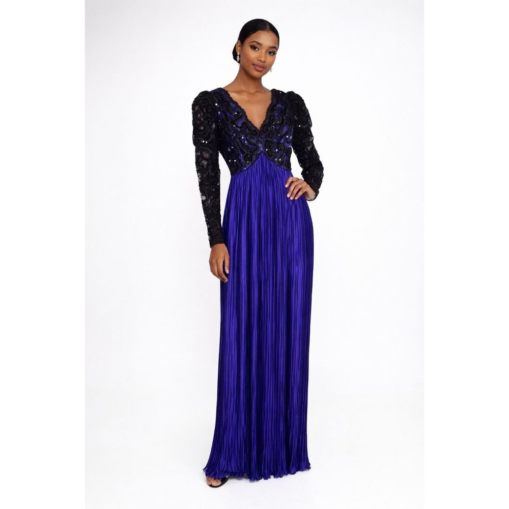 Vintage 1990s Lillie Rubin Royal Blue Sequin Lace Satin Pleat Evening Gown, 8